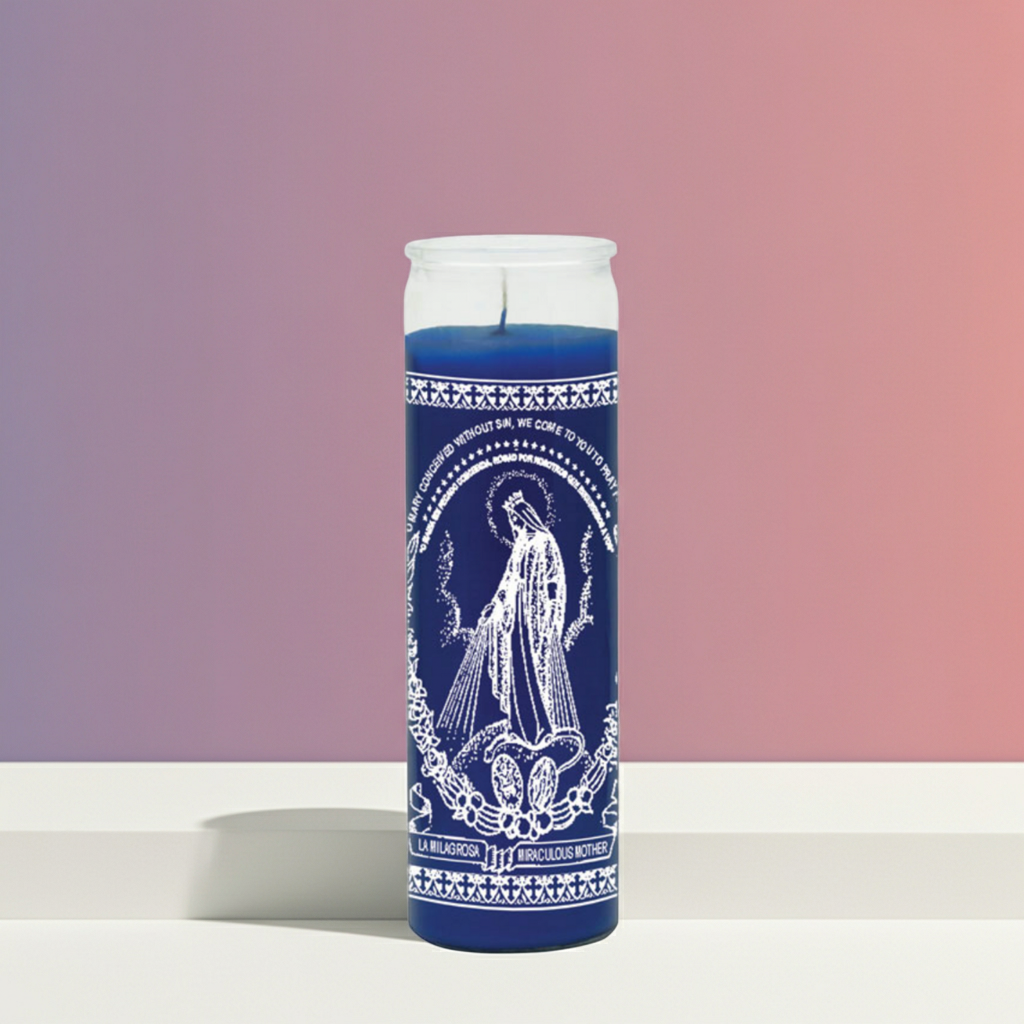 Miraculous Mother blue glass altar candle for religious ceremonies, home altar devotion, and spiritual prayer use.