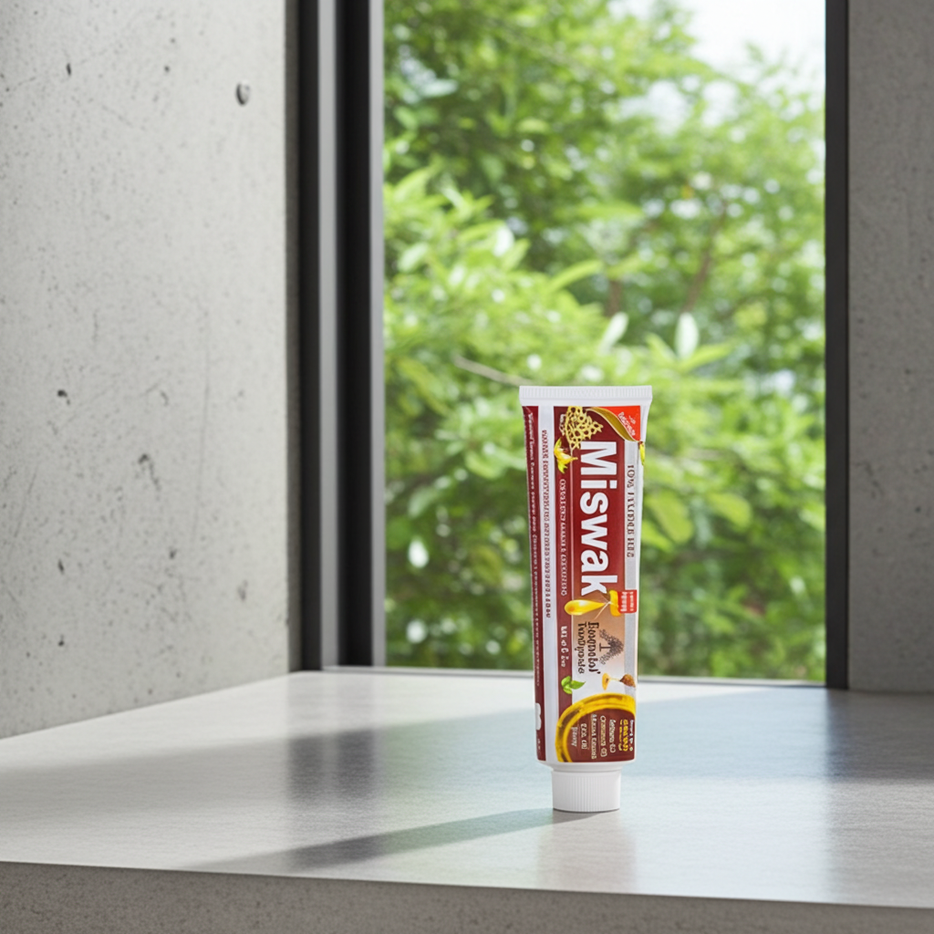 Miswak Essential Toothpaste tube for cleaning teeth, maintaining oral care, and everyday breath freshness.
