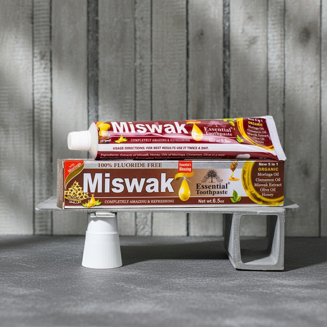 Miswak Essential Toothpaste tube for daily brushing, oral hygiene, and fresh breath care.