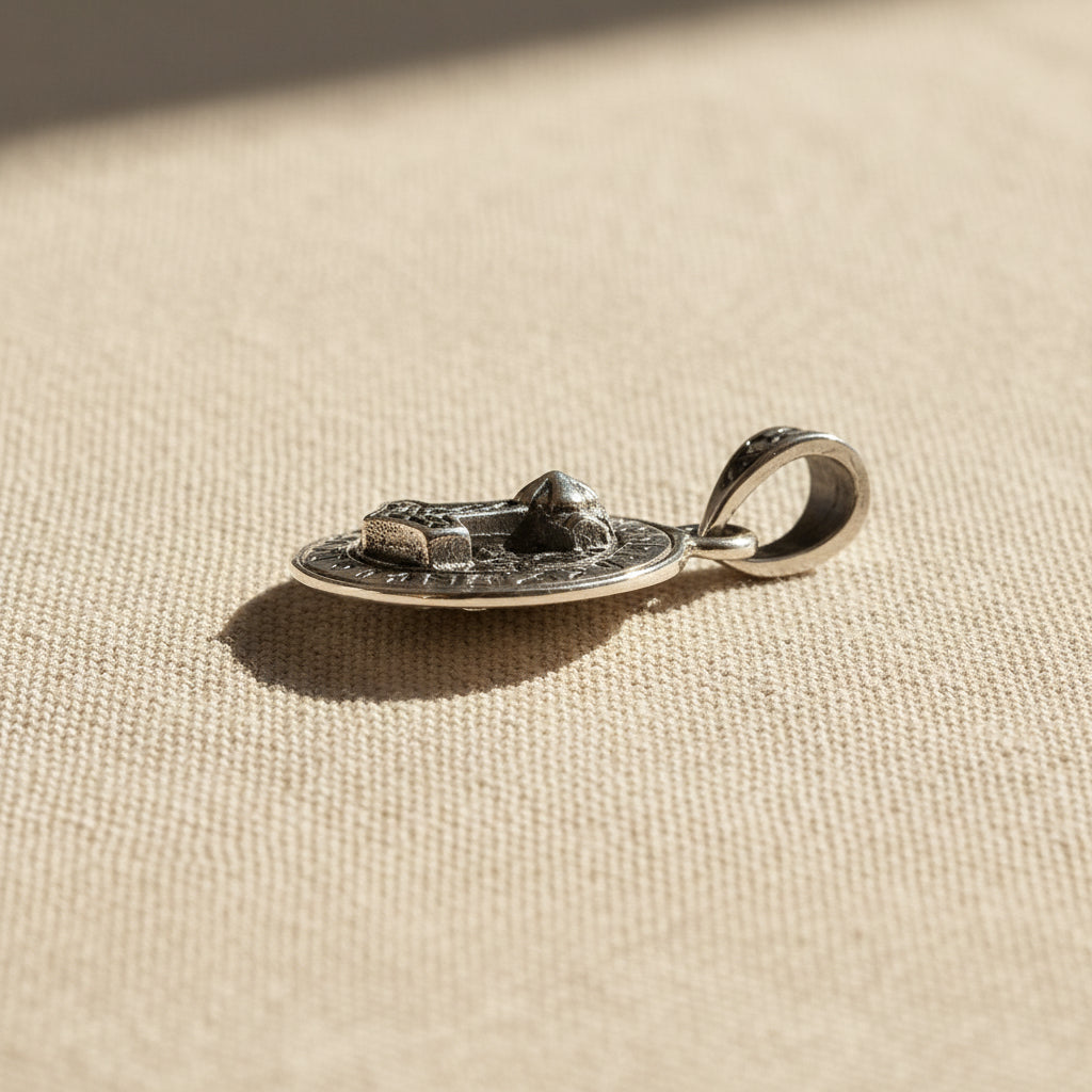 Mjolnir round Viking Norse pendant back view showing engraved detail, Thor's hammer necklace charm.