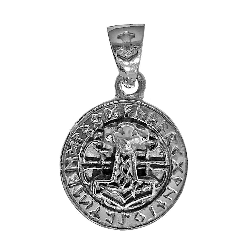 Mjolnir round Viking Norse pendant front view, Thor's hammer necklace charm for norse mythology jewelry.