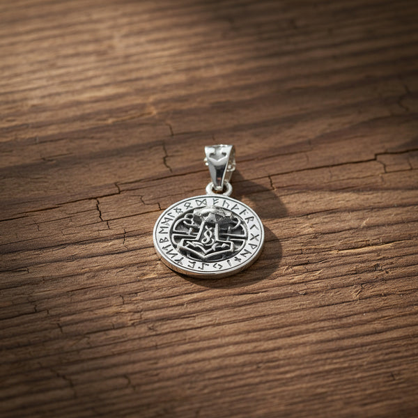 Mjolnir round Viking Norse pendant front view, Thor's hammer necklace charm for norse mythology jewelry.
