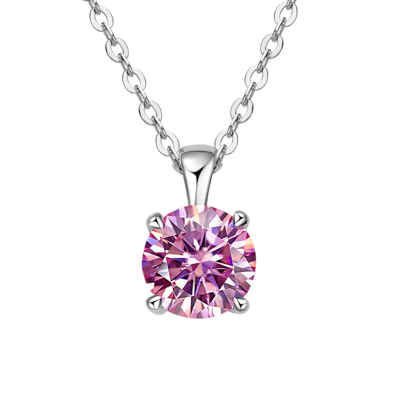 Modern moissanite four-prong necklace with pendant for sleek styling, evening outfits, and contemporary jewelry wear.
