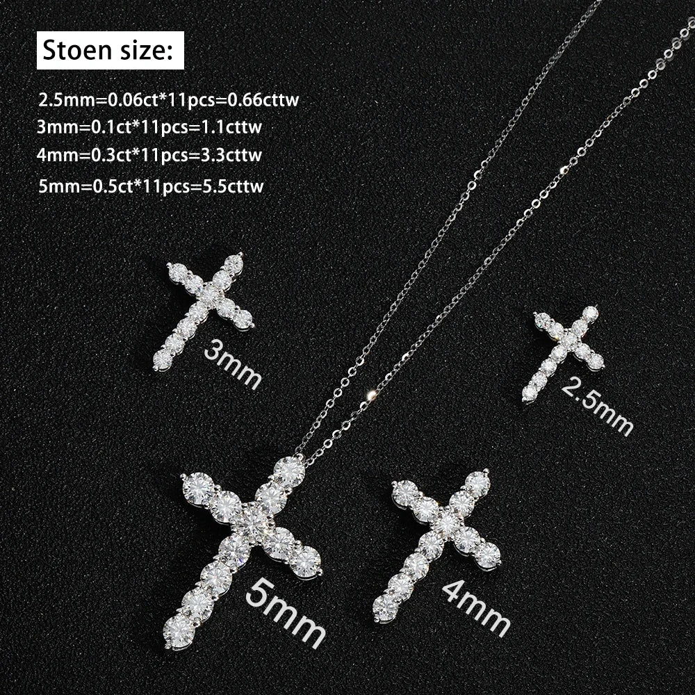 Moissanite cross pendant necklace in 925 silver for church wear, layered fashion styling, and keepsake gifting.
