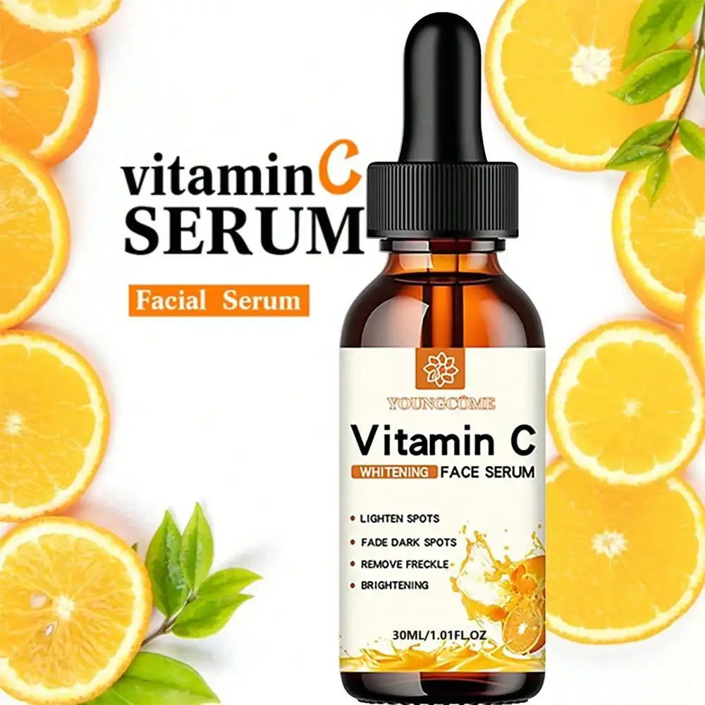 Vitamin C facial essence serum bottle for moisturizing, dark spot reduction, and skin repair treatment.