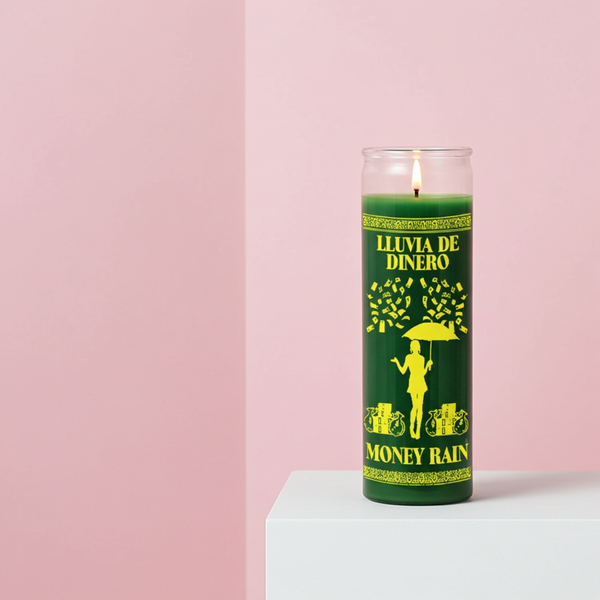 Money Rain green 7 day candle for prosperity work, abundance rituals, and spiritual altar use.