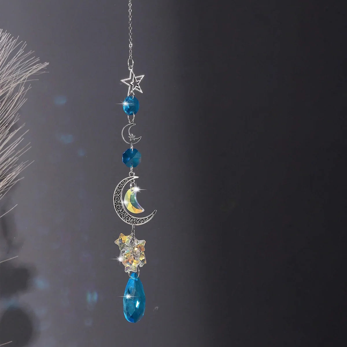 Moon and Star crystal suncatcher hanging décor for window display, prism light effects, and celestial room decoration.