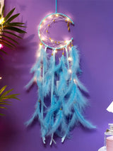 Moon Dream Catcher wind chime with feather accents for wall hanging, room décor, and calming decorative use.