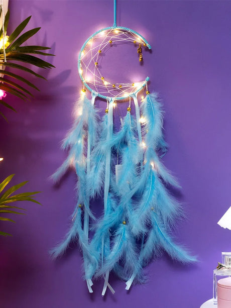 Moon Dream Catcher wind chime with feather accents for wall hanging, room décor, and calming decorative use.