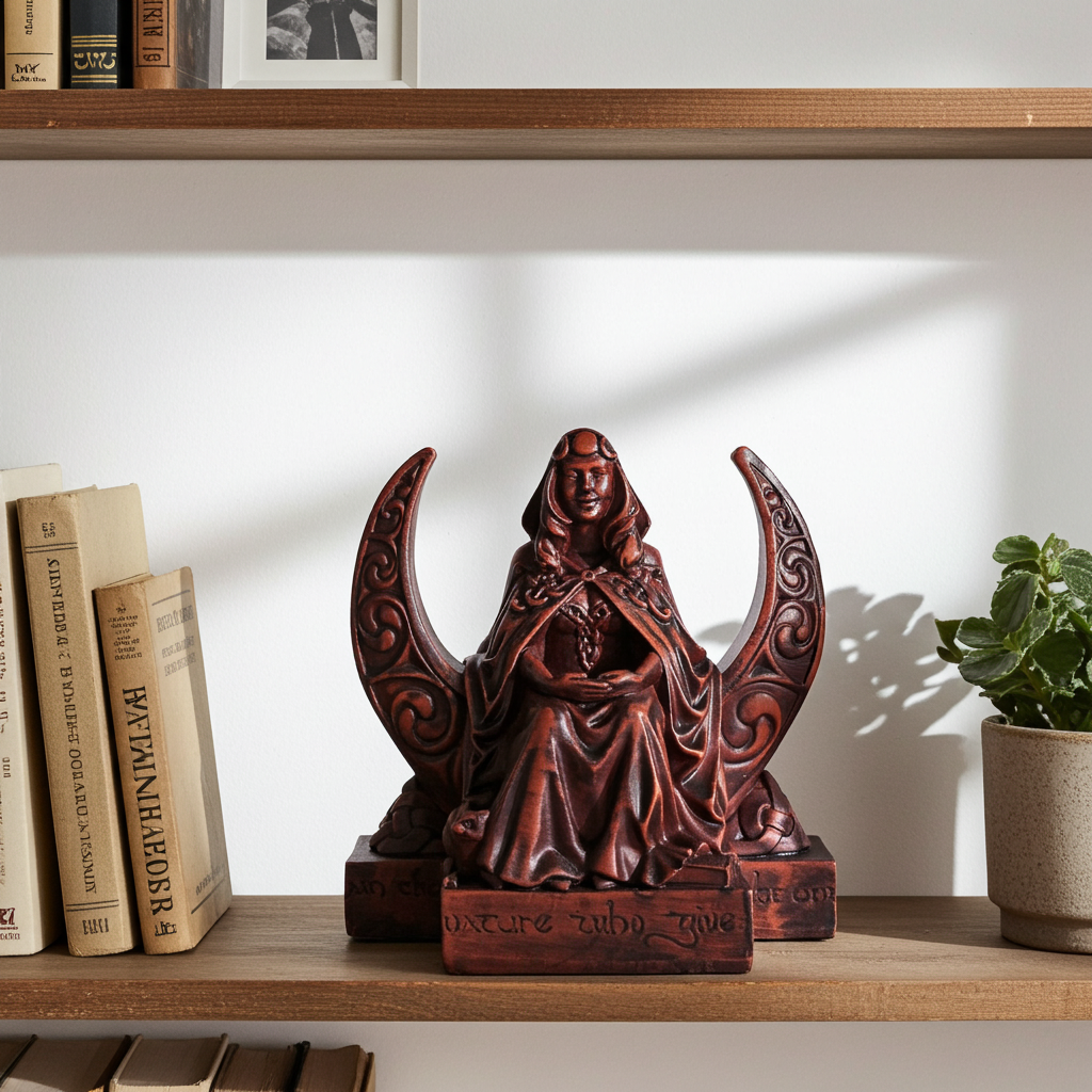 Moon Goddess altar figurine for pagan worship, ritual practice, and mystical shelf display.