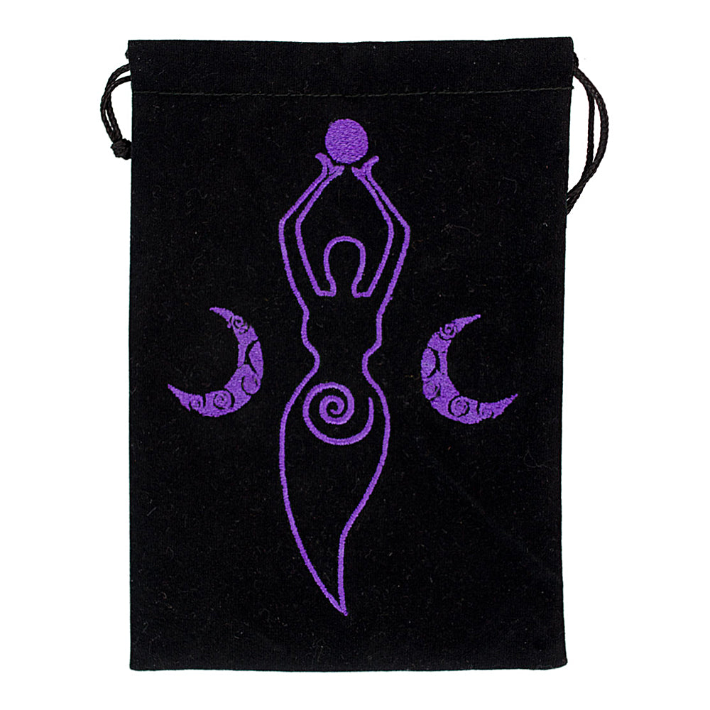Moon Goddess black velvet embroidered bag for tarot deck storage, crystal keeping, and altar tool protection.