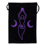 Moon Goddess black velvet embroidered bag for tarot deck storage, crystal keeping, and altar tool protection.