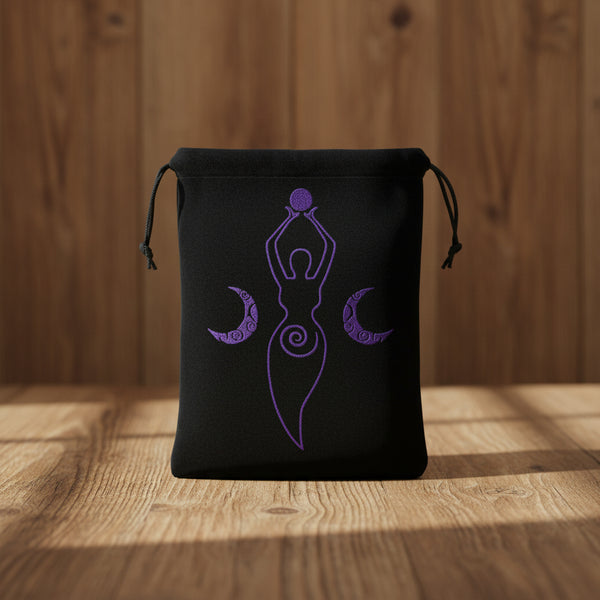 Moon Goddess black velvet embroidered bag for tarot deck storage, crystal keeping, and altar tool protection.