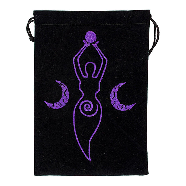Moon Goddess black velvet embroidered bag for tarot deck storage, crystal keeping, and altar tool protection.