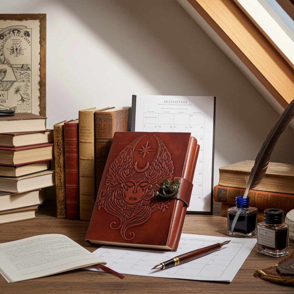 Moon Goddess embossed leather journal with metal latch for note-taking, diary writing, and spiritual journaling.