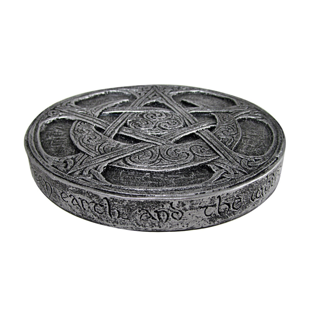 Moon Pentacle plaque in silver finish shown at an angle, decorative wall plaque for witchcraft-themed decor.