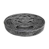 Moon Pentacle plaque in silver finish shown at an angle, decorative wall plaque for witchcraft-themed decor.