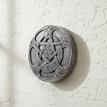 Moon Pentacle plaque in silver finish shown at an angle, decorative wall plaque for witchcraft-themed decor.