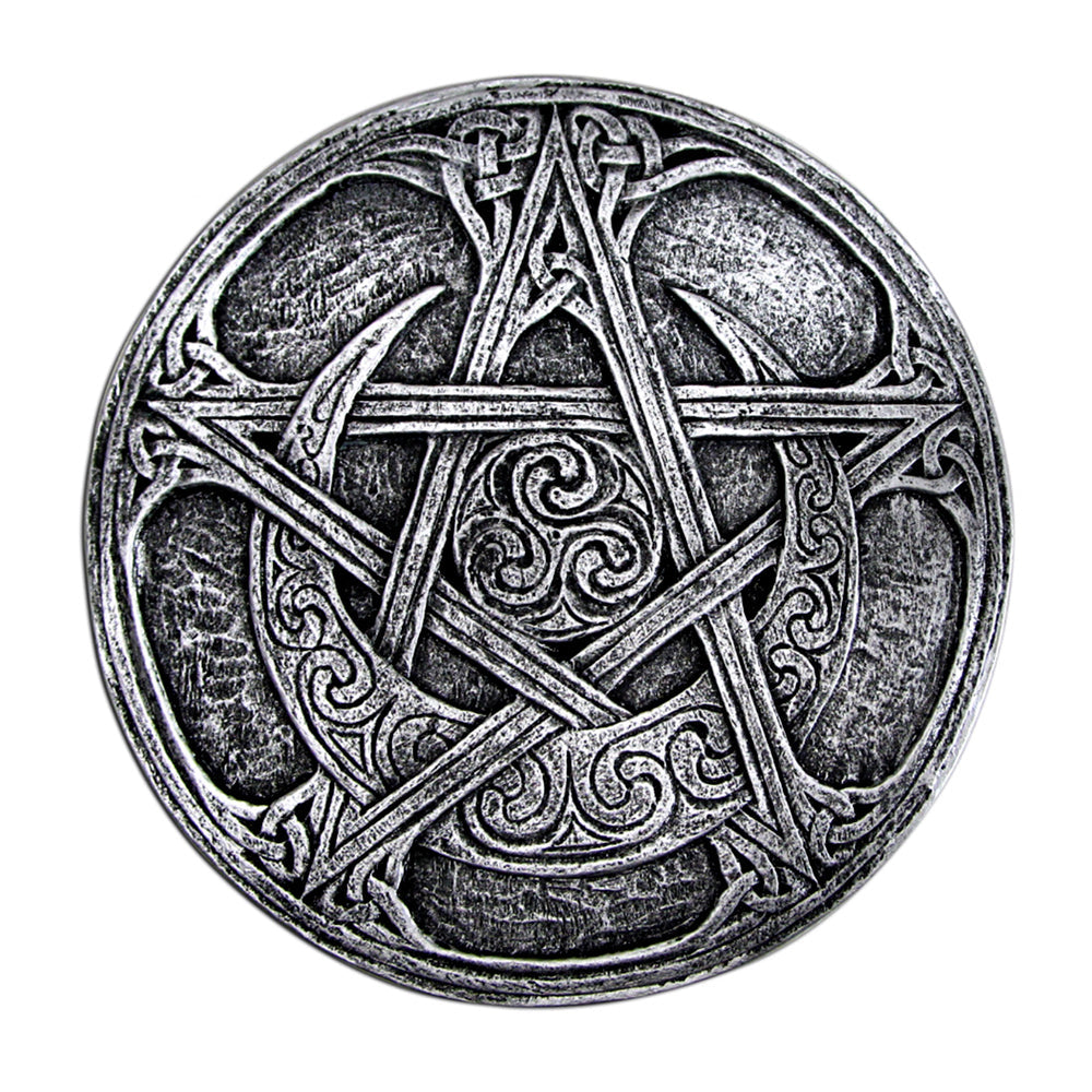 Moon Pentacle plaque in silver finish front view, wall decor for altar rooms and sacred space styling.