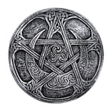 Moon Pentacle plaque in silver finish front view, wall decor for altar rooms and sacred space styling.