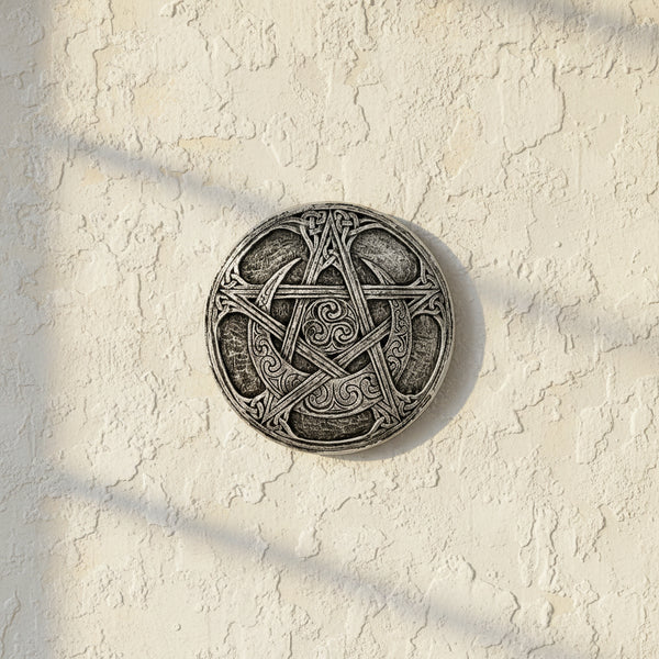 Moon Pentacle plaque in silver finish front view, wall decor for altar rooms and sacred space styling.