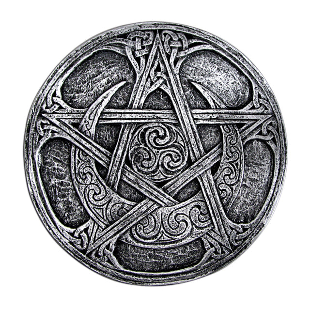 Moon Pentacle plaque in silver finish front view, wall decor for altar rooms and sacred space styling.