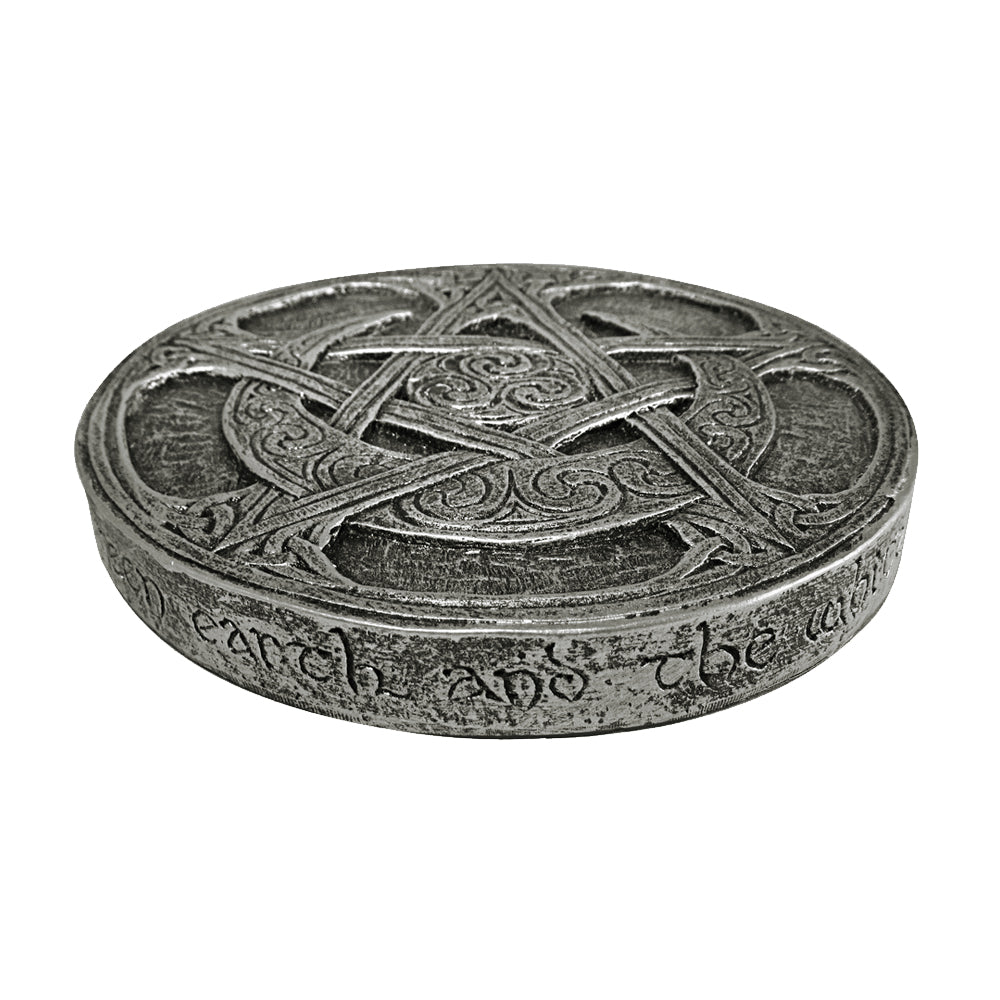 Moon Pentacle plaque small size shown at an angle, decorative wall plaque for witchcraft-themed decor.