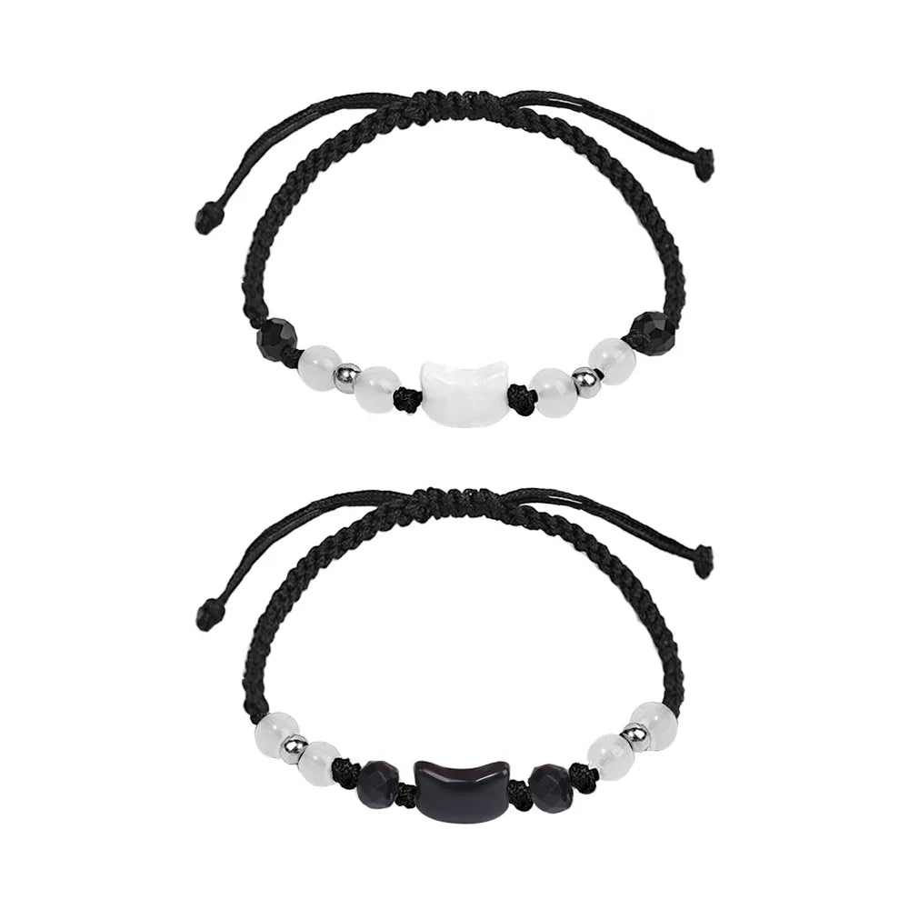 Moonstone and obsidian beaded cat couple bracelets for coordinated fashion wear, relationship gifts, and daily accessorizing.