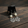 Moonstone pentagram earrings for everyday jewelry, pagan-inspired accessories, and gift giving.