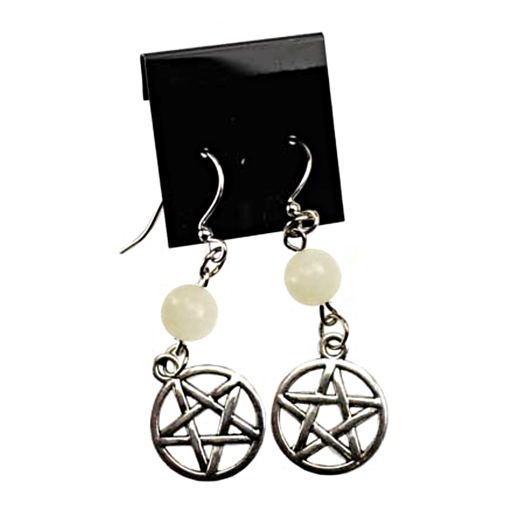 Moonstone pentagram earrings for everyday jewelry, pagan-inspired accessories, and gift giving.