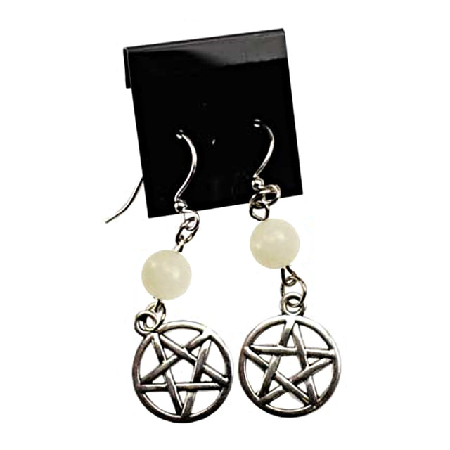 Moonstone pentagram earrings for everyday jewelry, pagan-inspired accessories, and gift giving.