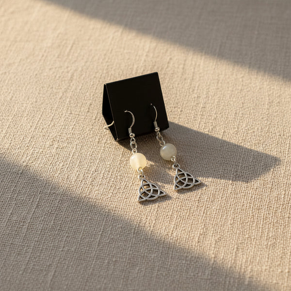 Moonstone triquetra earrings for Celtic-inspired jewelry, everyday wear, and gift giving.