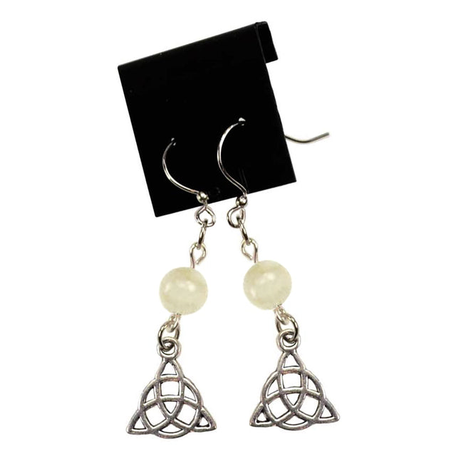 Moonstone triquetra earrings for Celtic-inspired jewelry, everyday wear, and gift giving.