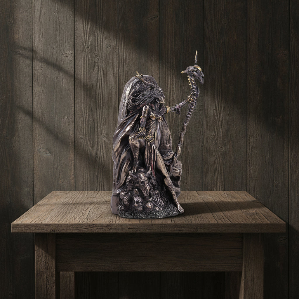 Morgan Le Fey fantasy statue figure for enchanted decor, bookshelf styling, and legend-inspired display.