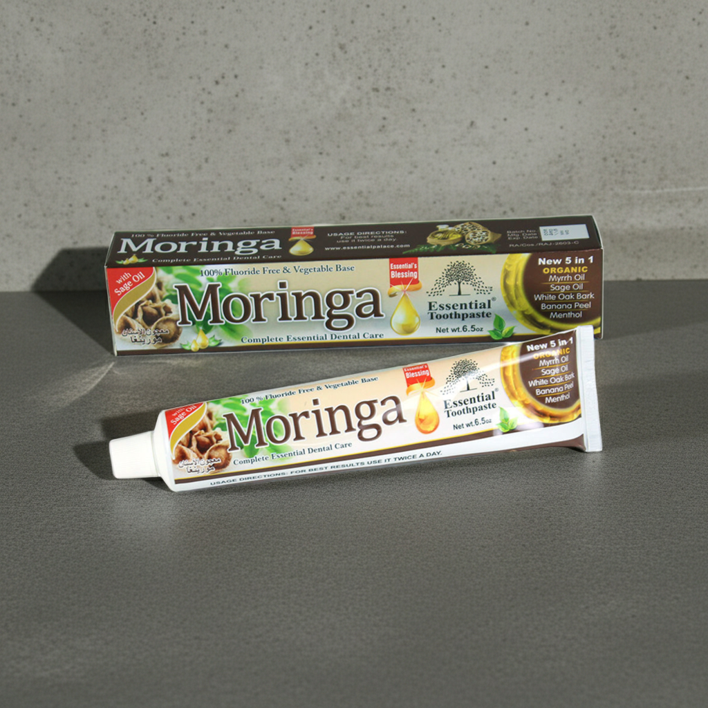 Moringa Essential Toothpaste tube for daily brushing, oral hygiene, and fresh breath care.
