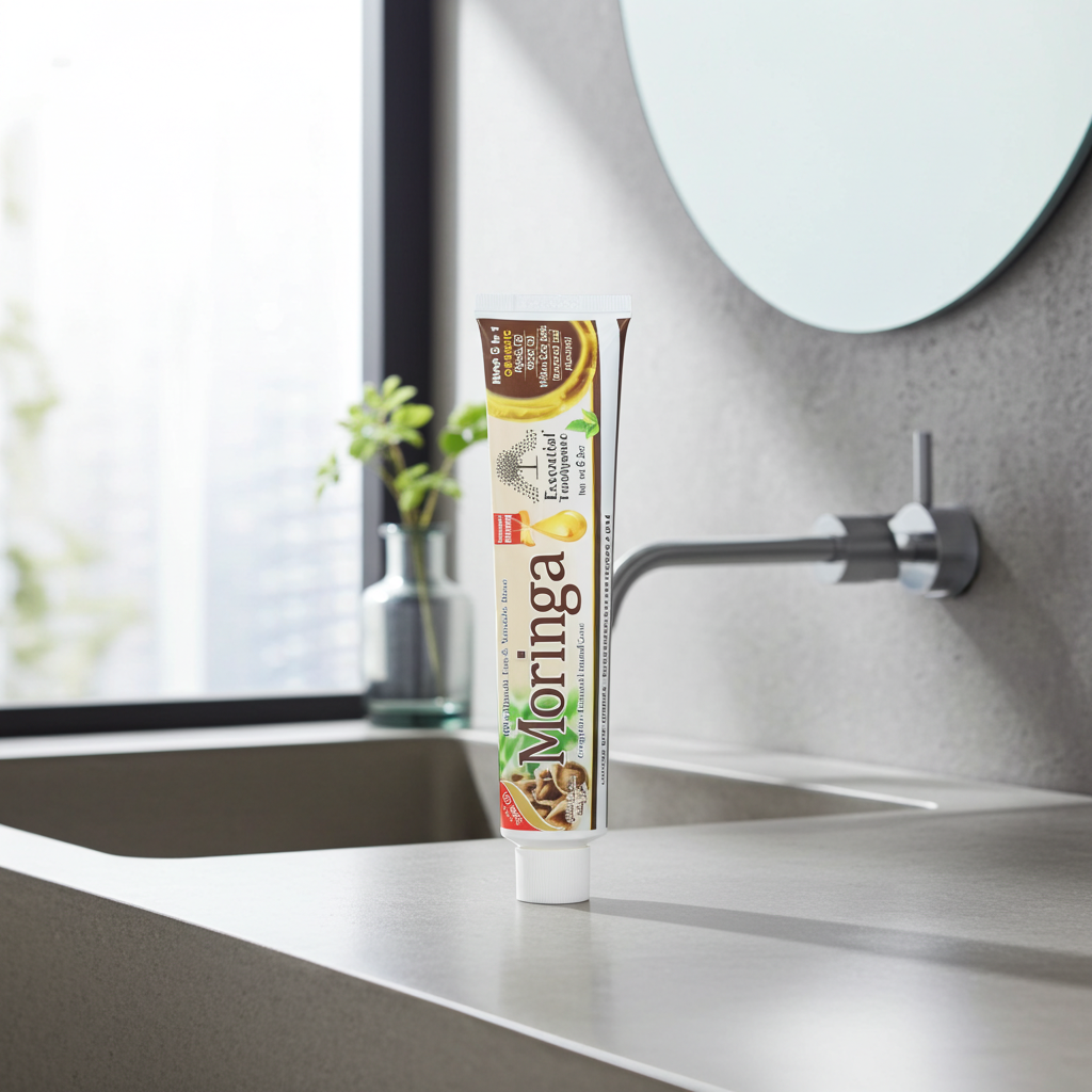 Moringa Essential Toothpaste tube for brushing teeth, freshening breath, and routine oral care.
