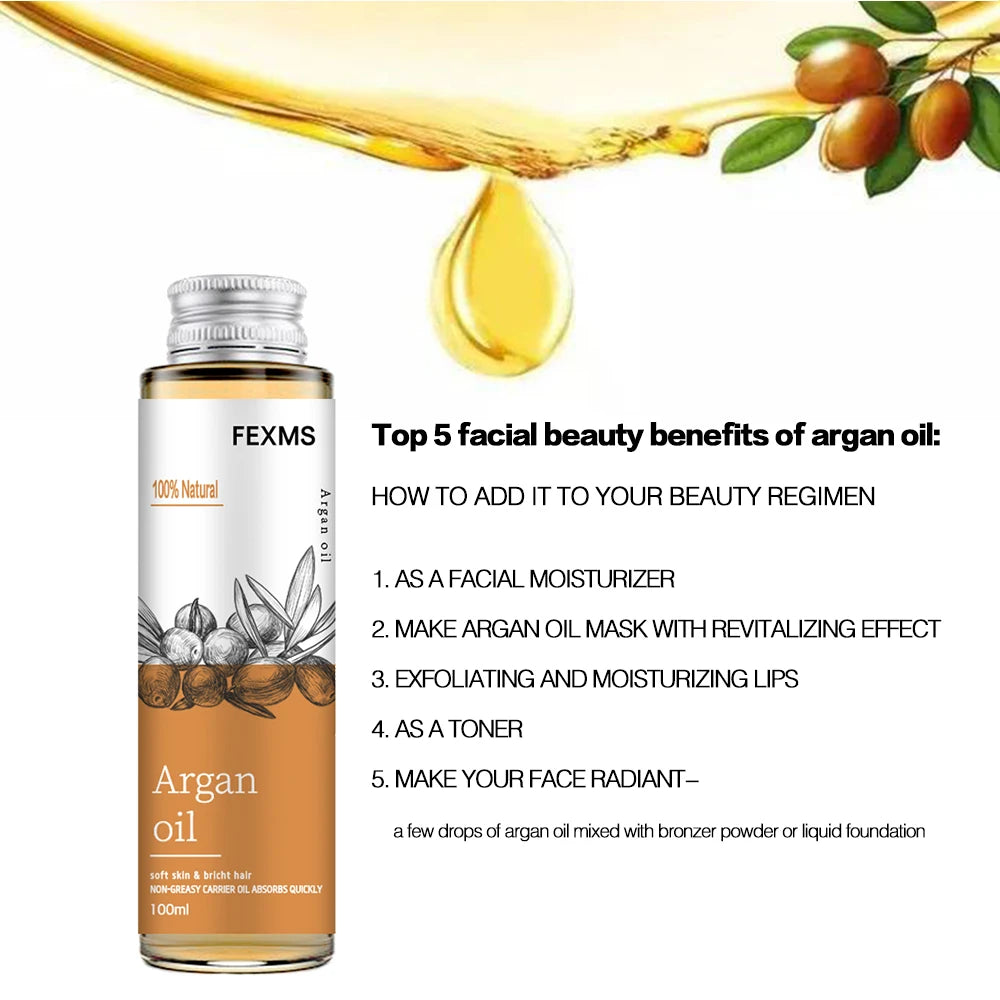 Organic Moroccan Argan Oil cold-pressed showing hair and skin benefits listed on white background.