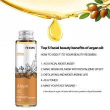 Organic Moroccan Argan Oil cold-pressed showing hair and skin benefits listed on white background.