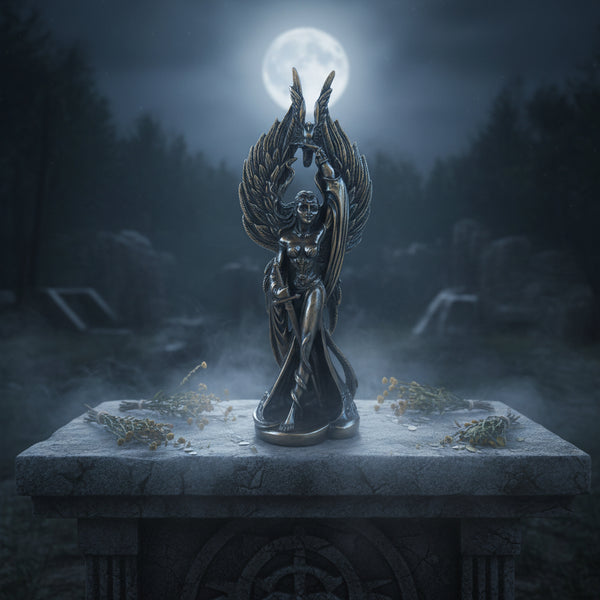 Morrigan War Goddess statue figurine for altar decor, pagan worship, and devotional display.