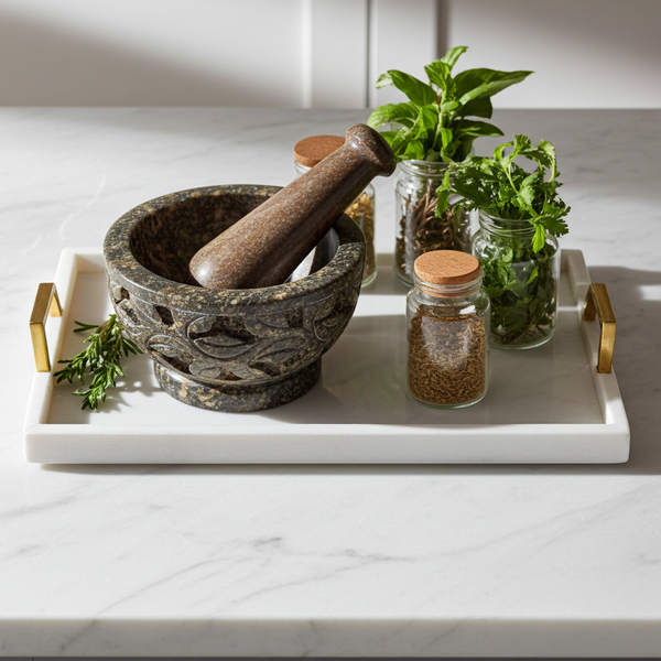 Mortar and pestle with carved flowers for grinding herbs, spices, and seasoning ingredients in everyday kitchen use.