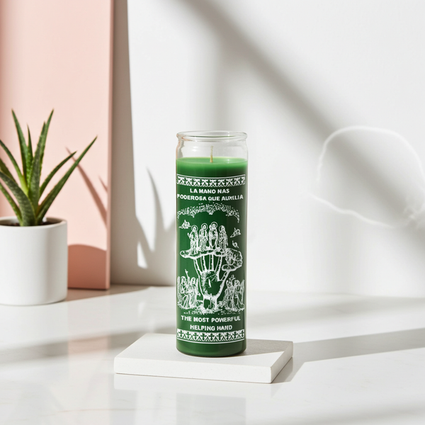 The Most Powerful Helping Hand green 7 day candle for spiritual support, prayer, and ritual use.