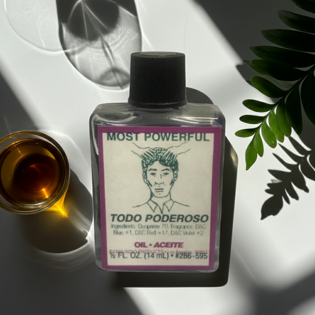 Most Powerful Wish Oil dressing oil bottle for anointing candles, charms, and spiritual tools.
