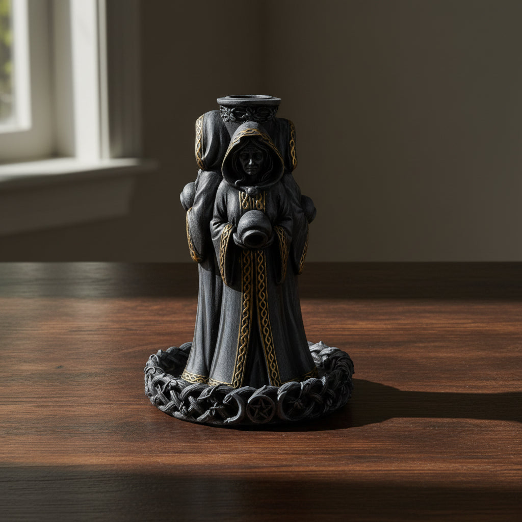 Mother, Maiden, Crone backflow incense burner statue for burning cone incense during meditation, altar work, and spiritual rituals.