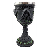 Mother Maiden Crone goblet 8 inches close-up detail of carved Triple Goddess figures.