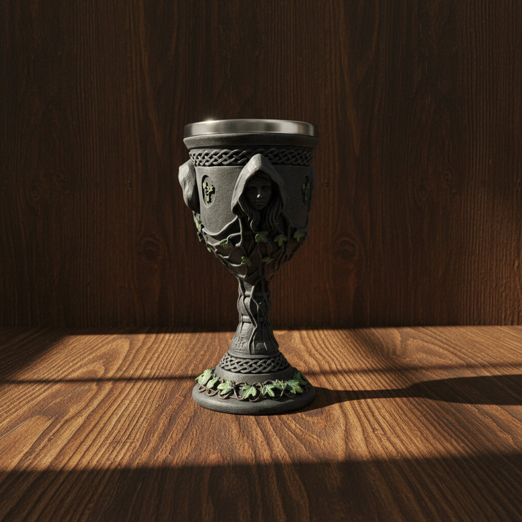 Mother Maiden Crone goblet 8 inches close-up detail of carved Triple Goddess figures.