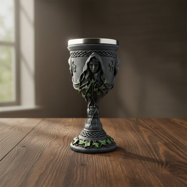 Mother Maiden Crone goblet 8 inches front view for ritual chalice use, altar decor, and ceremonial drinking vessel.