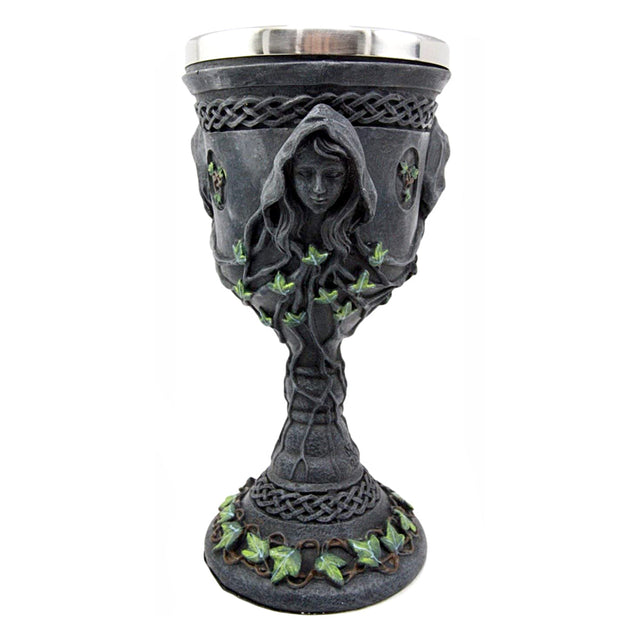 Mother Maiden Crone goblet 8 inches front view for ritual chalice use, altar decor, and ceremonial drinking vessel.