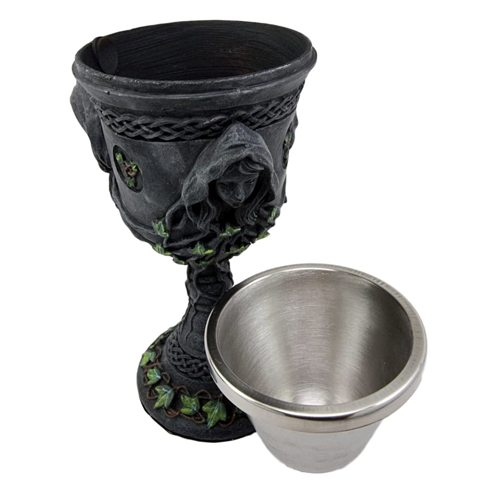 Mother Maiden Crone goblet 8 inches full view, Triple Goddess ritual chalice for altar ceremonies.