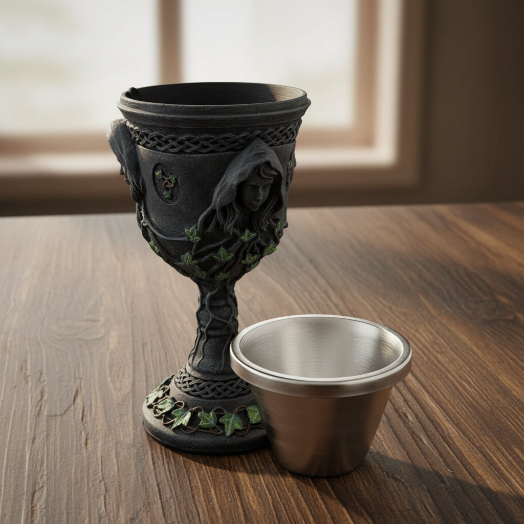 Mother Maiden Crone goblet 8 inches full view, Triple Goddess ritual chalice for altar ceremonies.