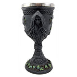 Mother Maiden Crone goblet 8 inches side view showing Triple Goddess figure design.